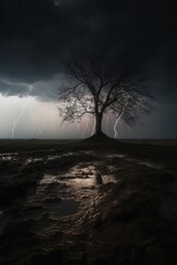 Big dry tree and wet ground with stagnant water on a stormy night. AI Generative AI