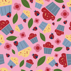 Vector pink garden tea party muffins and cupcakes seamless pattern background design.