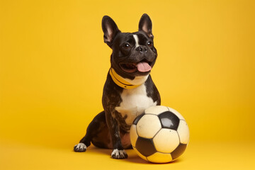 a cute dog playing ball, yellow background