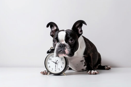 A Dog With An Alarm Clock, White Background