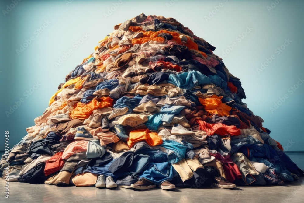 Wall mural pile of textile and clothing waste. the concept of climate change as consequence of excessive consum