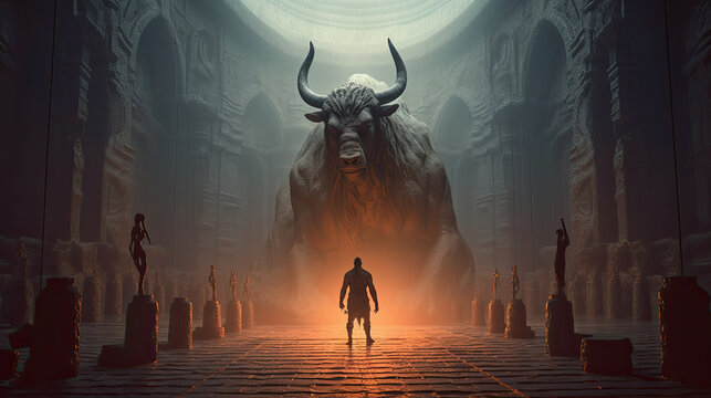 Illustration about the myth of the minotaur - AI generated image.