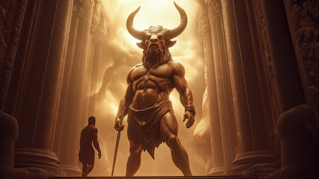 Illustration about the myth of the minotaur - AI generated image.