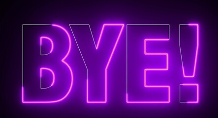 Bye electric purple lighting text with  on black background, 3D Rendering. Bye text word.