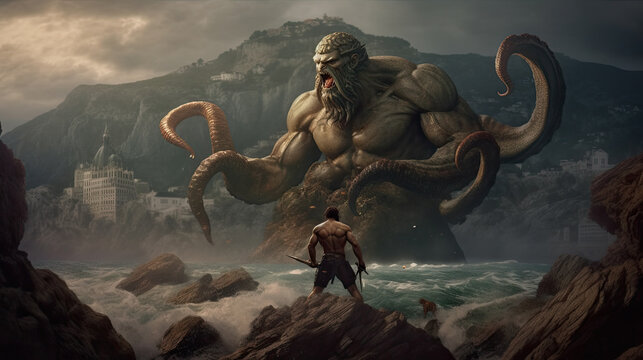 Illustration about the mythological monster Kraken - AI generated image.