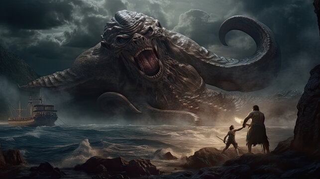 Illustration about the mythological monster Kraken - AI generated image.