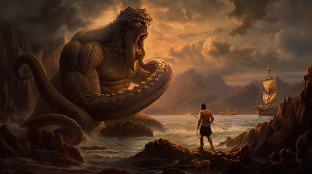 Illustration about the mythological monster Kraken - AI generated image.