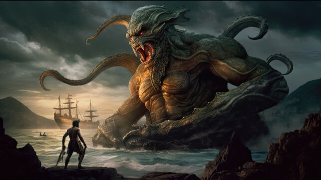 Illustration about the mythological monster Kraken - AI generated image.