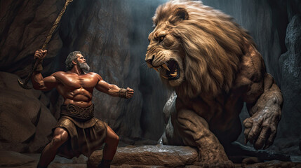 Illustration about the myth of Hercules and the Nemean lion - AI generated image.