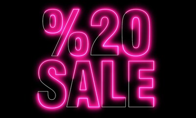 %20 Sale Text electric lighting text with pink neon on black background. 20%off.