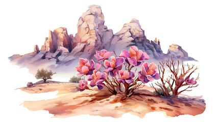 desert landscape with desert rose flowers in watercolor style, isolated on a transparent background for design layouts