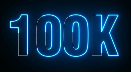 100K Electric Blue lighting text with animation on black background, 3D Rendering. 100 000 Number. One hundred thousand.