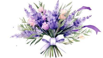 lavender bouquet with ribbon and label in watercolor style, isolated on a transparent background for design layouts