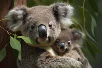 a koala holding her cub