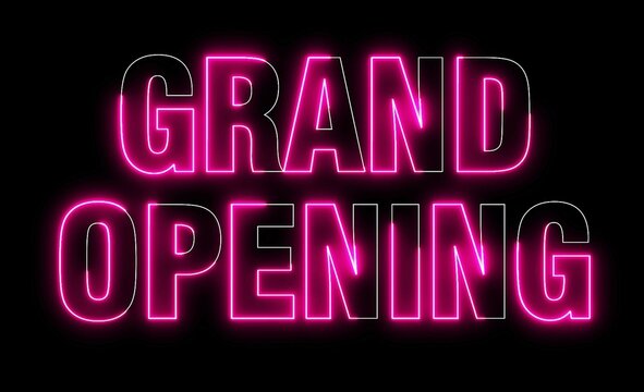 Grand Opening text font with light. Luminous and shimmering haze inside the letters of the text Grand Opening. Grand Opening neon sign.
