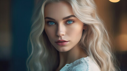 A close up stock photo of a an elegant young woman with long blonde hair.  AI generated.