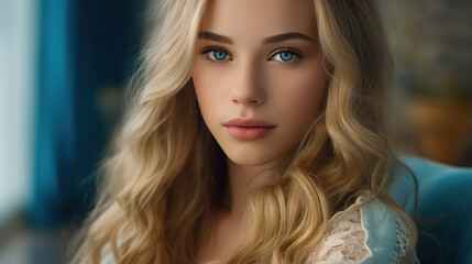 Naklejka premium A close up stock photo of a an elegant young woman with long blonde hair. AI generated.