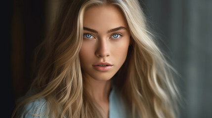 Naklejka premium A close up stock photo of a an elegant young woman with long blonde hair. AI generated.