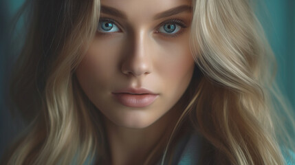 Naklejka premium A close up stock photo of a an elegant young woman with long blonde hair. AI generated.