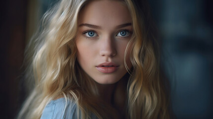 A close up stock photo of a an elegant young woman with long blonde hair.  AI generated.