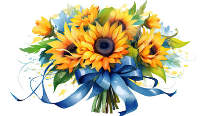 vibrant sunflower bouquet with ribbon in watercolor style, isolated on a transparent background for design layouts