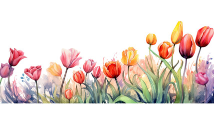 vibrant tulip border in watercolor style, isolated on a transparent background for design layouts