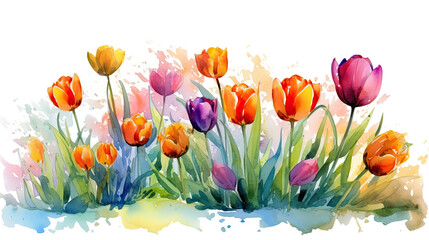 vibrant tulip border in watercolor style, isolated on a transparent background for design layouts - obrazy, fototapety, plakaty
