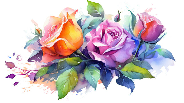 vibrant rose bouquet in watercolor style, isolated on a transparent background for design layouts