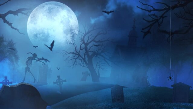 Graveyard at Midnight with Full Moon Skeleton and Witch 4K features an old cemetery with a full moon, bats flying, and fog with a skeleton walking and a witch flying across the sky.