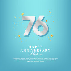 76th anniversary vector template with a white number and confetti spread on a gradient background