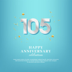 105th anniversary vector template with a white number and confetti spread on a gradient background