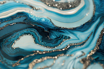 Golden and blue acrylic color liquid ink swirl abstract background with ravishing turbulence wavy pattern and detailed texture by Generative AI. - obrazy, fototapety, plakaty