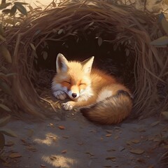 Obraz premium this is a cute little fox sleeping in the ground by a tree Generative Ai