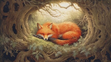 Fototapeta na wymiar a little red fox sleeping under a tree Generative Ai
