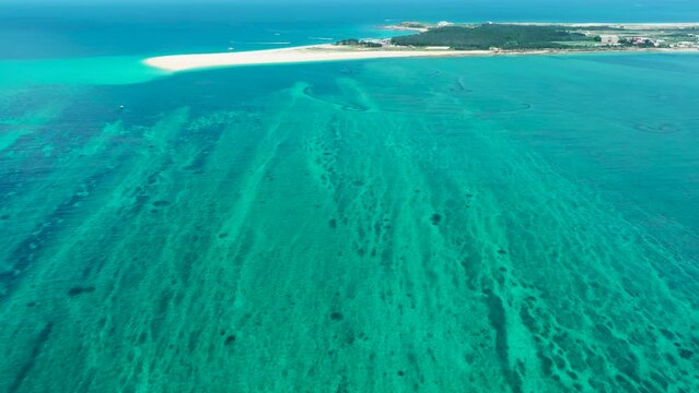 Aerial view of Jibei Island, a famous tourist destination for water sports in Baisha, Penghu County, Taiwan.
