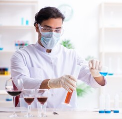 Male chemist examining wine samples at lab