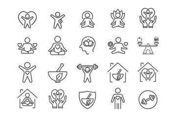 Wellness icon set. Yoga, fitness, spirit meditation, mental relaxation, stress management, self-care. Line icon style design. Simple vector design editable