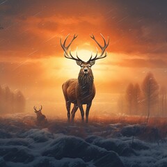 stag at sunset with deer in a field full of frost Generative Ai