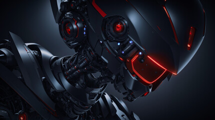 Fototapeta premium Close up of a red lighted robot head, Generative AI.