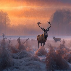stag at sunset with deer in a field full of frost Generative Ai