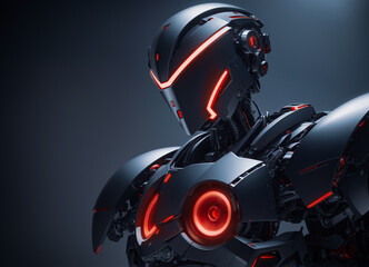 Fototapeta premium Red eyed robot, android with red circles on its chest. Generative AI.