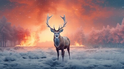Naklejka premium a stag is standing in frost in the field at sunset Generative Ai