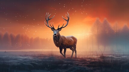 a stag is standing in frost in the field at sunset Generative Ai