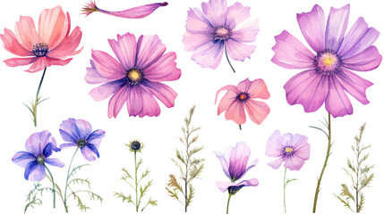 vibrant cosmos flower collection in watercolor style, isolated on a transparent background for design layouts