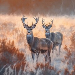 watercolor deer in a field with frost in the morning at sunset Generative Ai