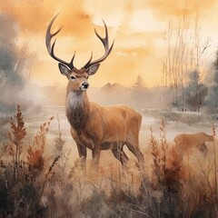 watercolor deer in a field with frost in the morning at sunset Generative Ai