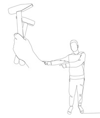 One continuous line of Man pointing with finger at Hammer. Thin Line Illustration vector Work Tool concept. Contour Drawing Creative Craftsperson ideas.
