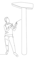One continuous line of Man pointing with finger at Hammer. Thin Line Illustration vector Work Tool concept. Contour Drawing Creative Craftsperson ideas.
