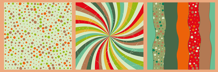 3 modernist collages, retro rays, multicolored peas, wavy stripes. Natural foliage colors. 