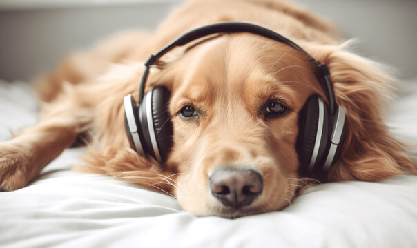 cute dog sleeping with listening to music, Generative ai	